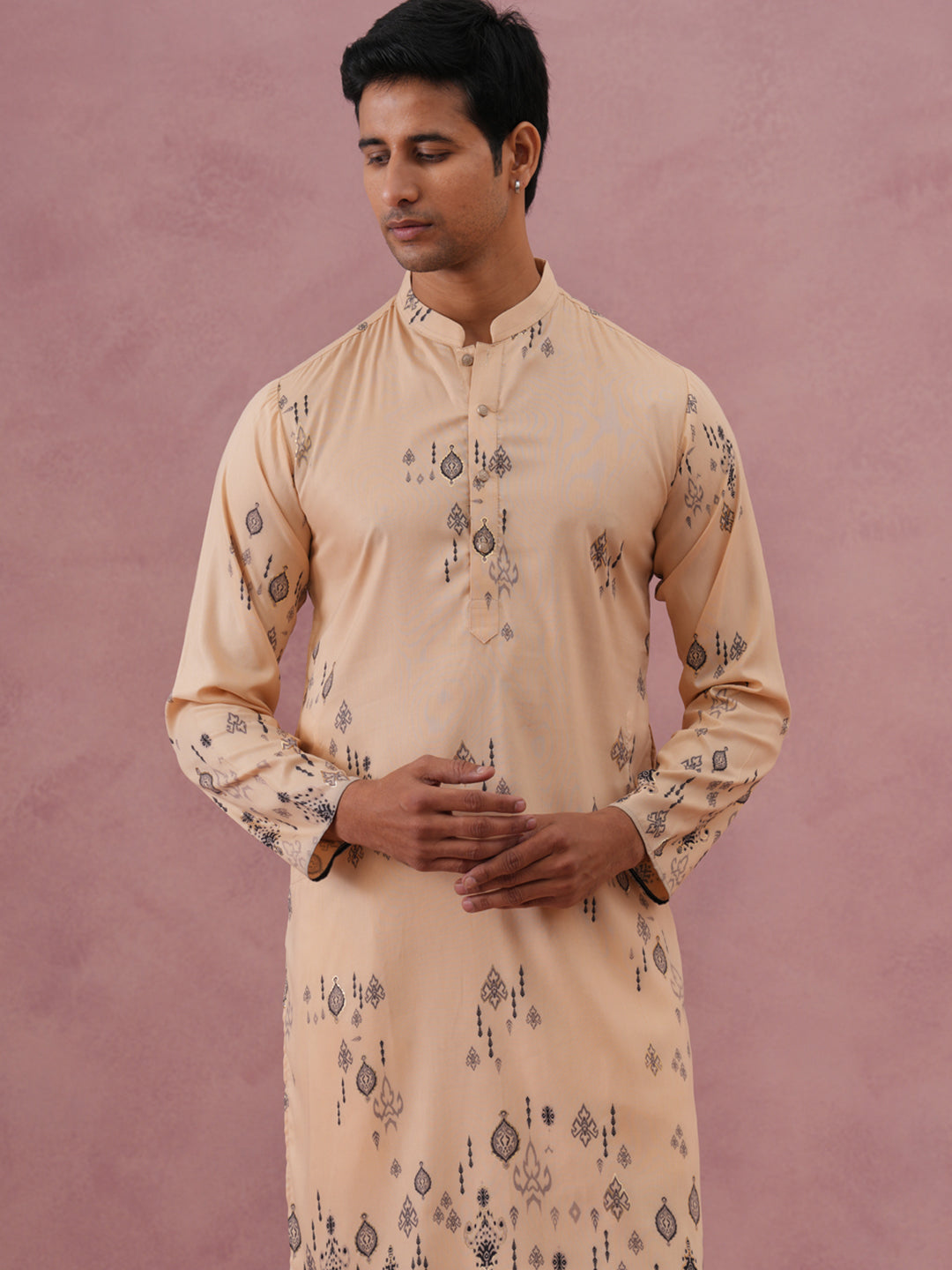 Men's Foil Printed Festive Kurta Pyjama Set (65KP P 5388 Beige ) [FF] [A-1-4]