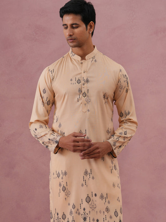 Men's Foil Printed Festive Kurta Pyjama Set (65KP P 5388 Beige ) [FF] [A-1-4]
