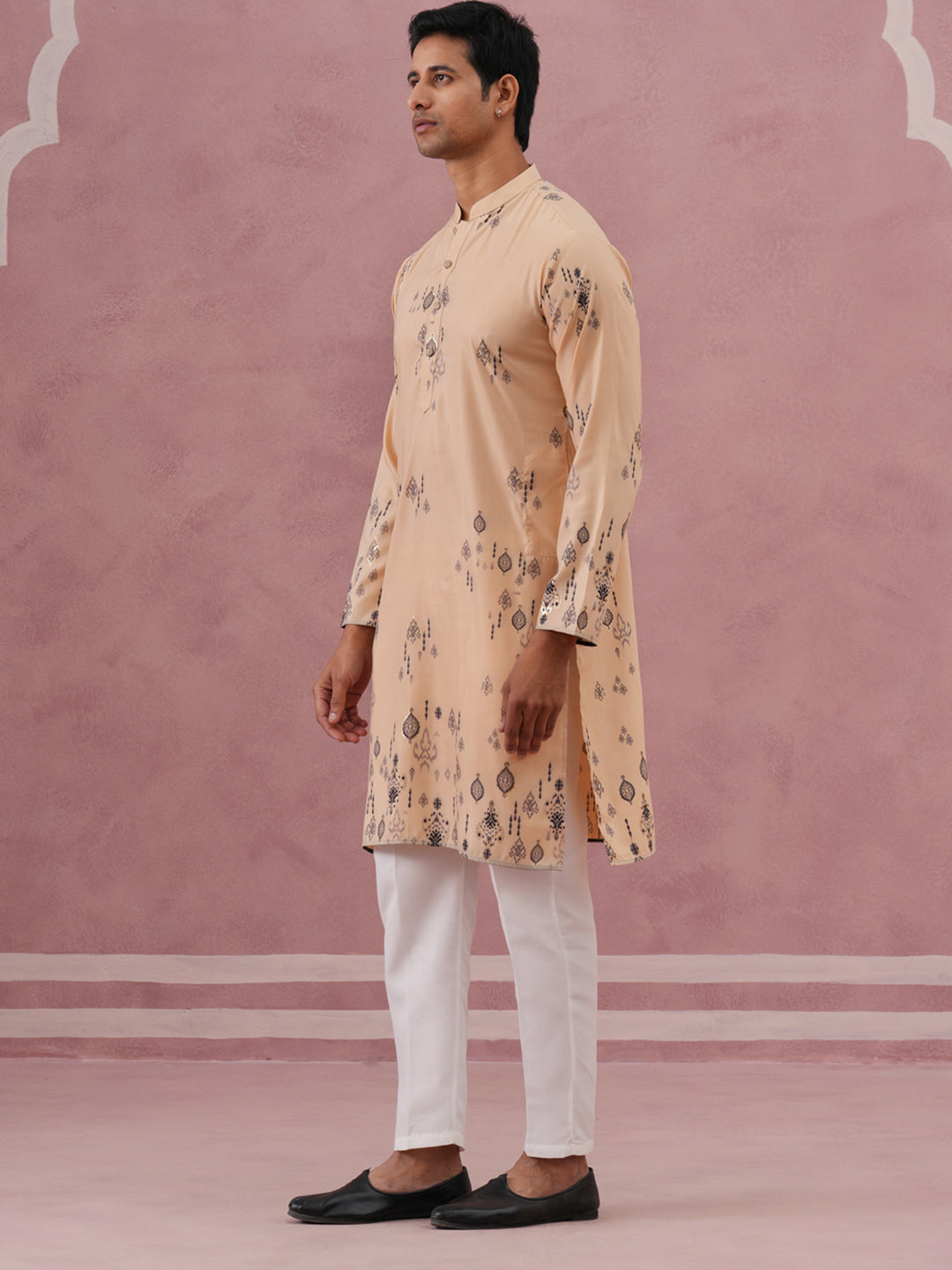 Men's Foil Printed Festive Kurta Pyjama Set (65KP P 5388 Beige ) [FF] [A-1-4]