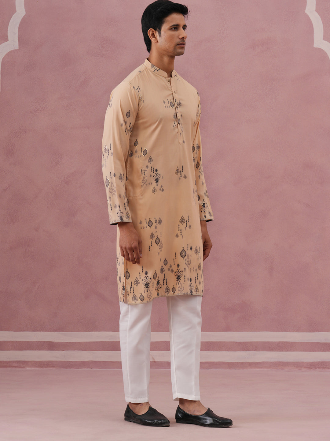 Men's Foil Printed Festive Kurta Pyjama Set (65KP P 5388 Beige ) [FF] [A-1-4]