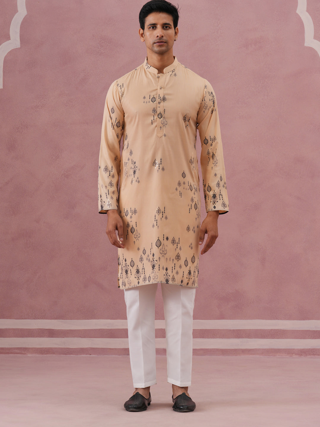 Men's Foil Printed Festive Kurta Pyjama Set (65KP P 5388 Beige ) [FF] [A-1-4]