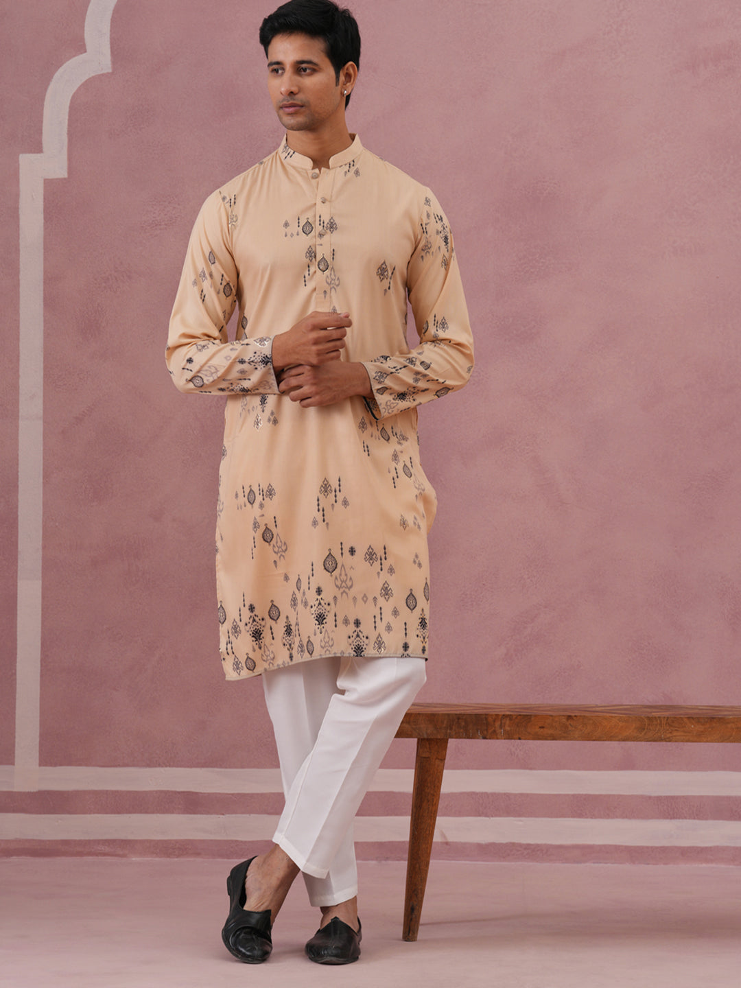 Men's Foil Printed Festive Kurta Pyjama Set (65KP P 5388 Beige ) [FF] [A-1-4]