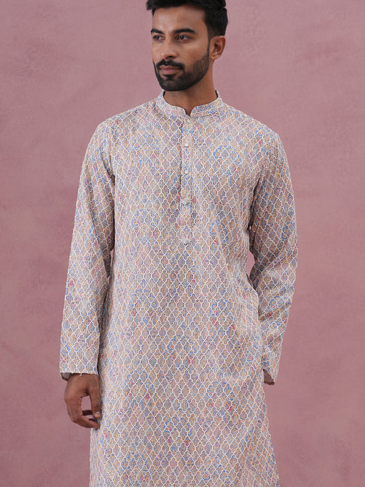 Traditional Cotton Blend Embroidered Kurta Pyjama (65KP P 5389 Multi ) [FF] [A-1-4]