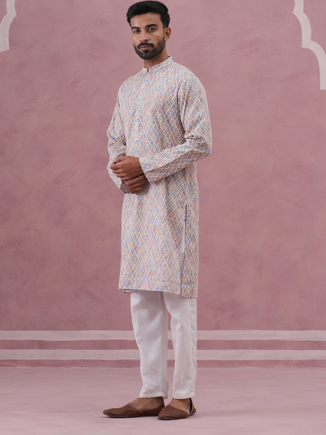 Traditional Cotton Blend Embroidered Kurta Pyjama (65KP P 5389 Multi ) [FF] [A-1-4]