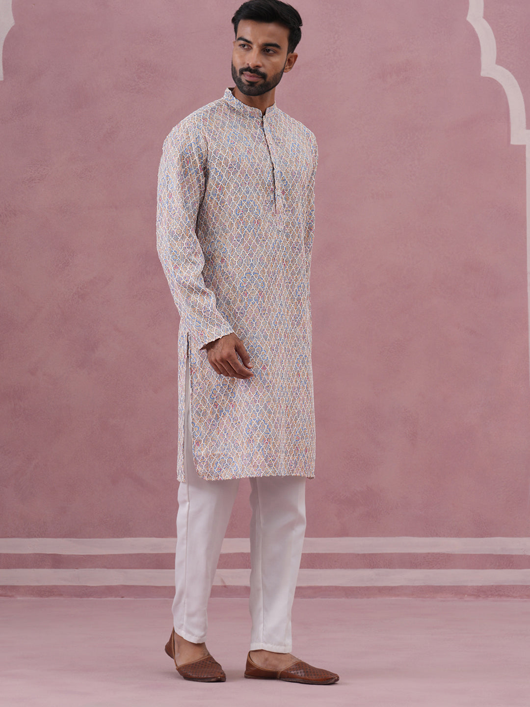 Traditional Cotton Blend Embroidered Kurta Pyjama (65KP P 5389 Multi ) [FF] [A-1-4]