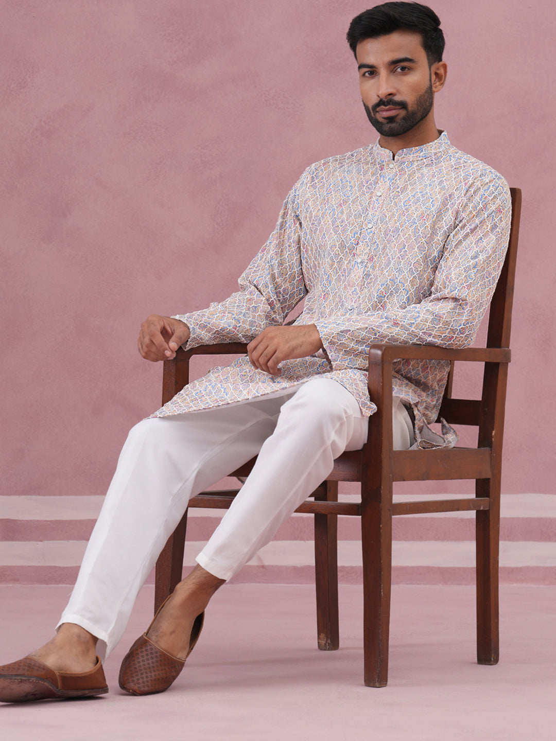 Traditional Cotton Blend Embroidered Kurta Pyjama (65KP P 5389 Multi ) [FF] [A-1-4]