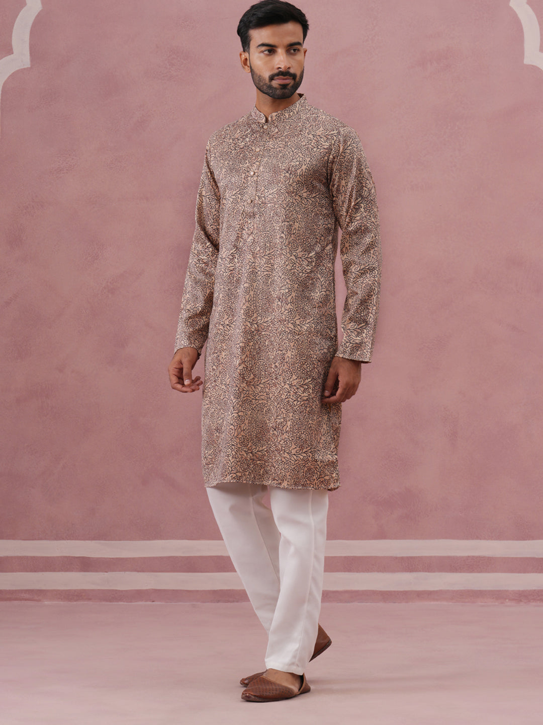 Men’s Thread Work & Printed Kurta Pyjama Set (65KP P 5390 Beige ) [FF] [A-1-4]