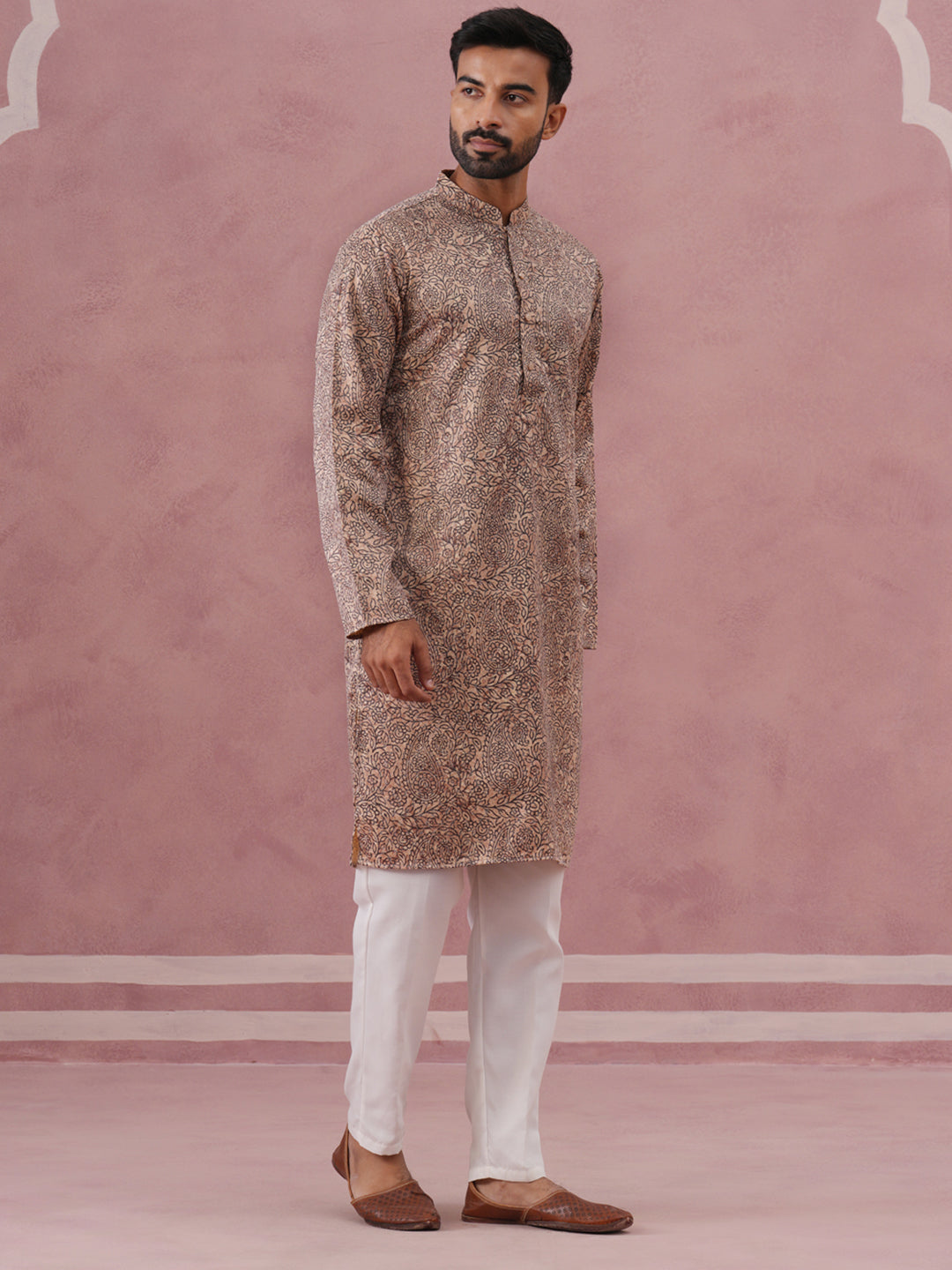 Men’s Thread Work & Printed Kurta Pyjama Set (65KP P 5390 Beige ) [FF] [A-1-4]