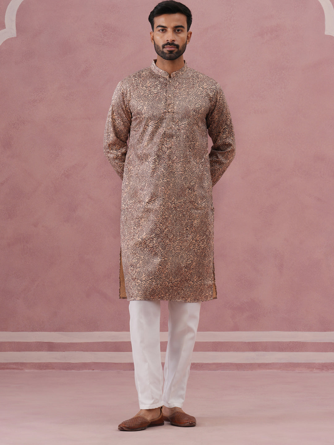 Men’s Thread Work & Printed Kurta Pyjama Set (65KP P 5390 Beige ) [FF] [A-1-4]