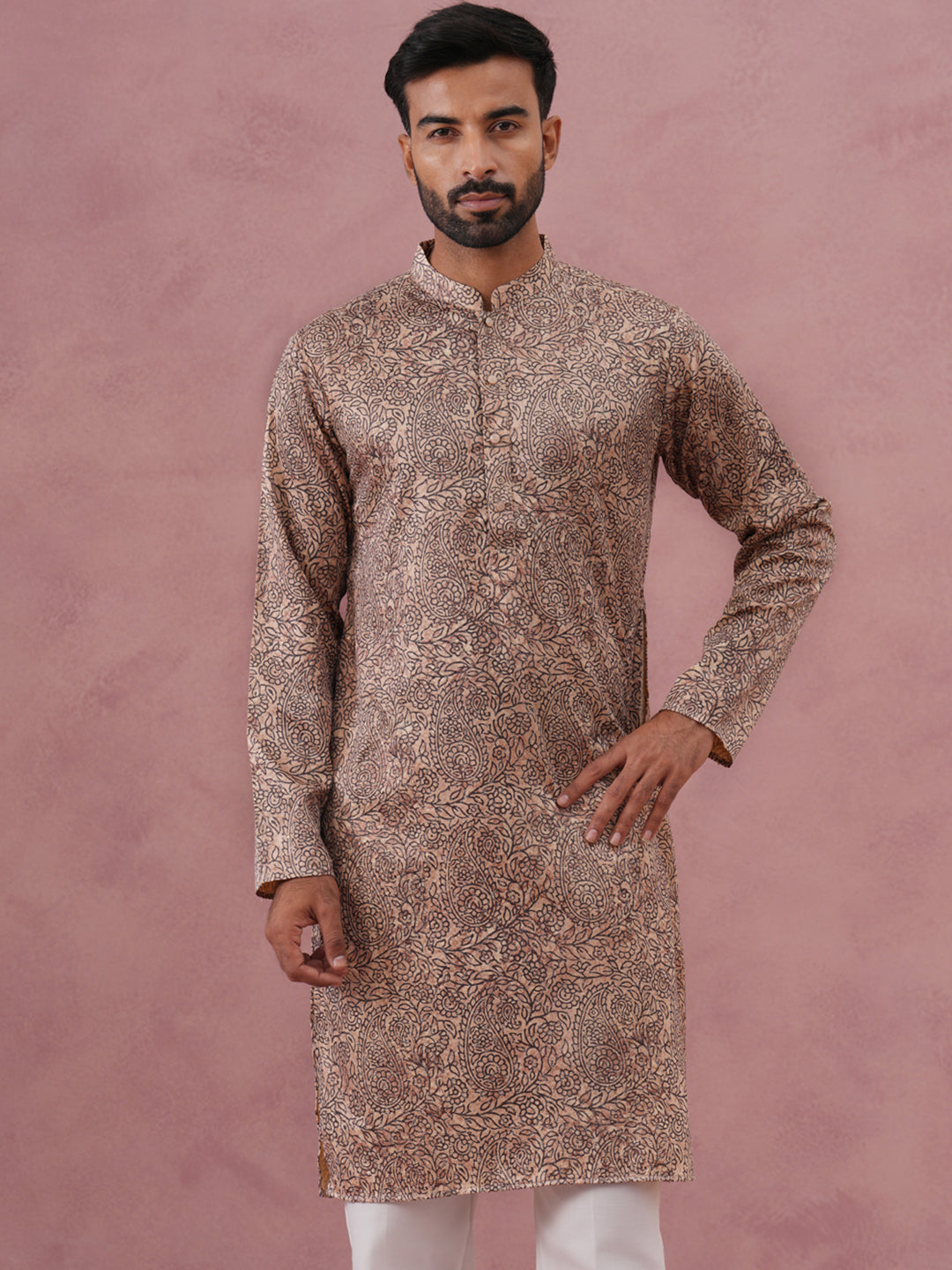 Men’s Thread Work & Printed Kurta Pyjama Set (65KP P 5390 Beige ) [FF] [A-1-4]