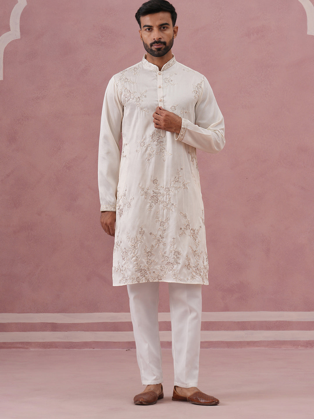Men’s Silk Blend Embroidered Kurta Pyjama Set (65KP P 5391 White ) [FF] [B-1-1-2]
