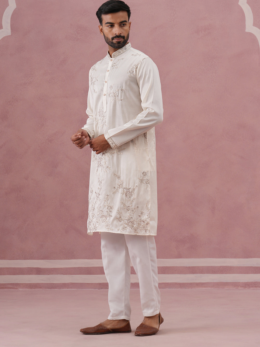 Men’s Silk Blend Embroidered Kurta Pyjama Set (65KP P 5391 White ) [FF] [B-1-1-2]