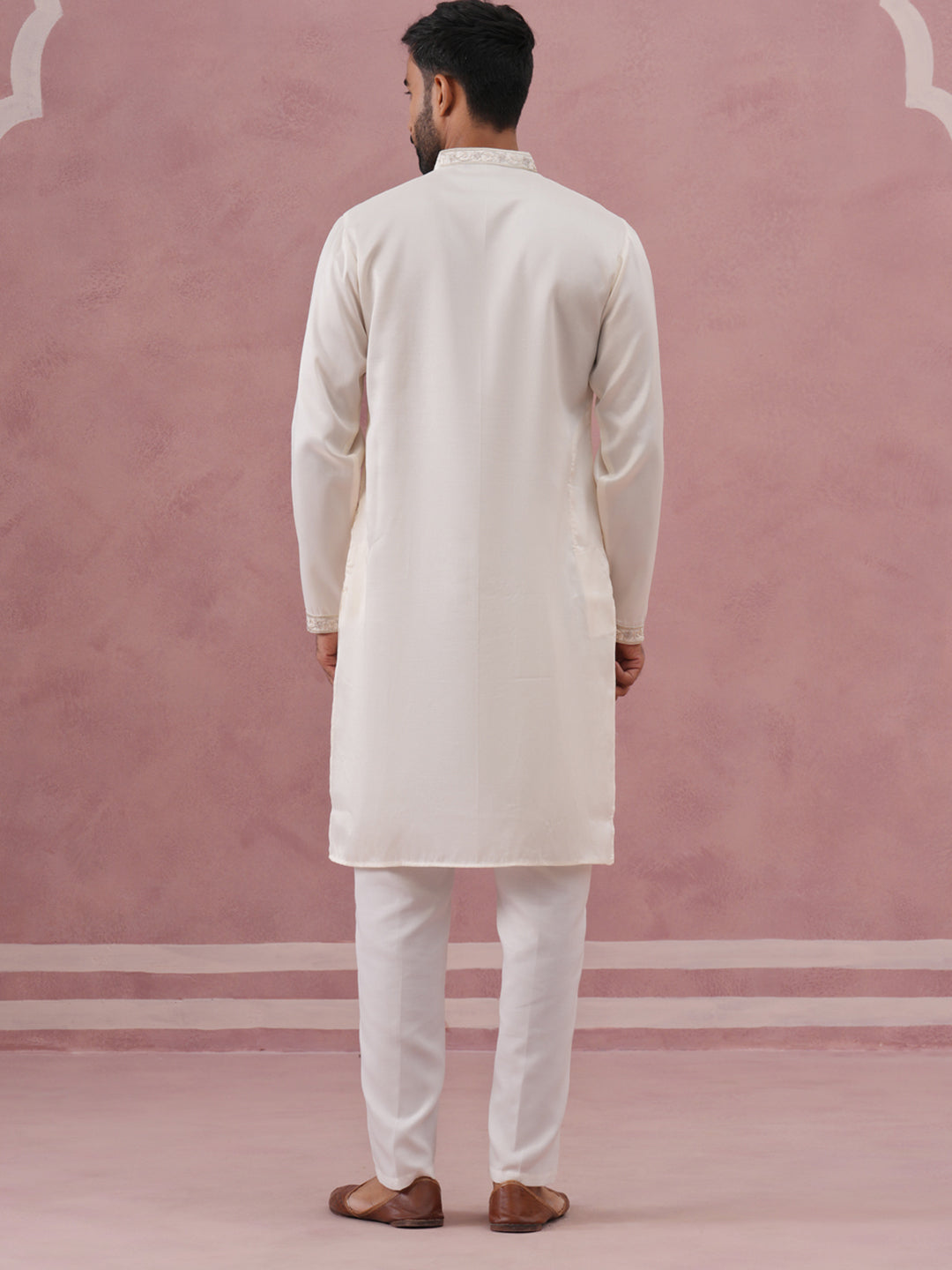 Men’s Silk Blend Embroidered Kurta Pyjama Set (65KP P 5391 White ) [FF] [B-1-1-2]