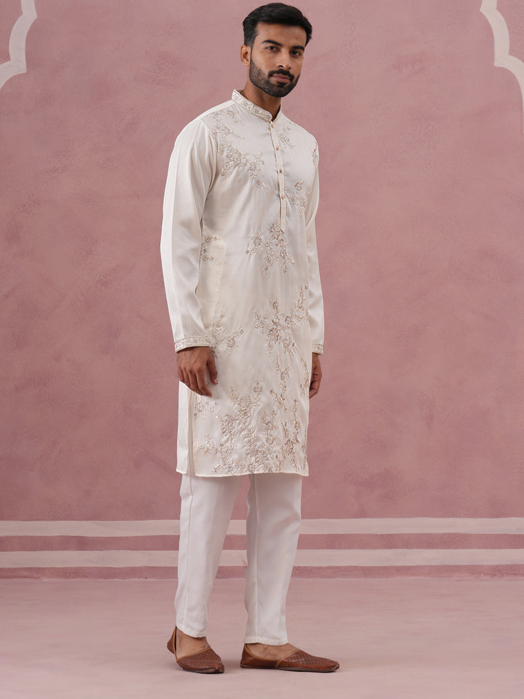 Men’s Silk Blend Embroidered Kurta Pyjama Set (65KP P 5391 White ) [FF] [B-1-1-2]