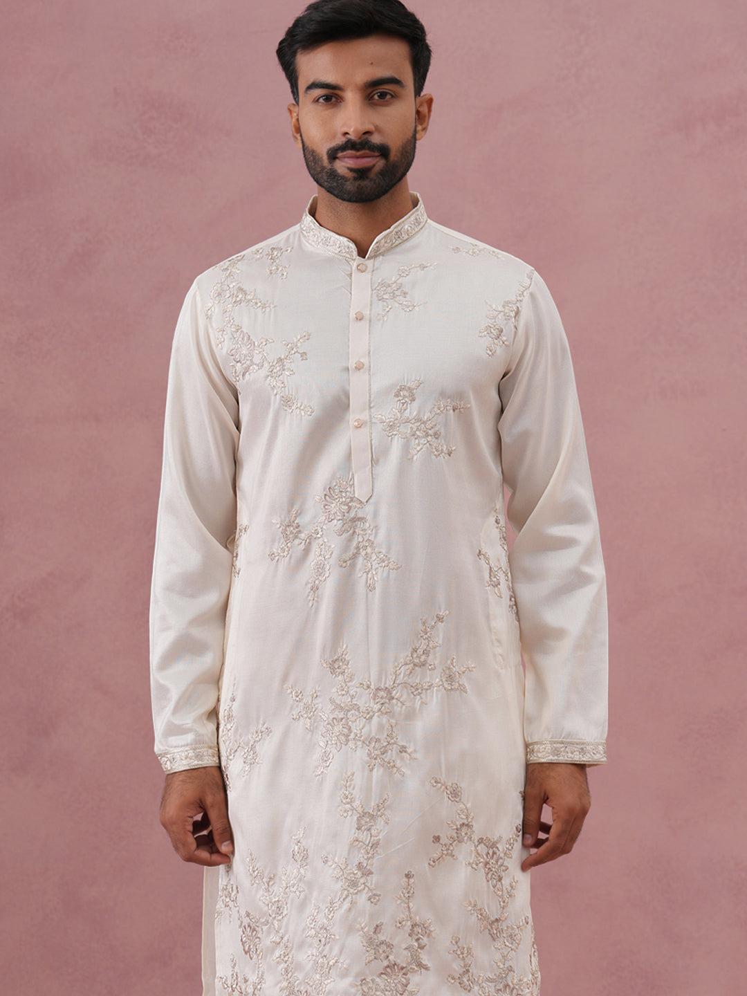 Men’s Silk Blend Embroidered Kurta Pyjama Set (65KP P 5391 White ) [FF] [B-1-1-2]