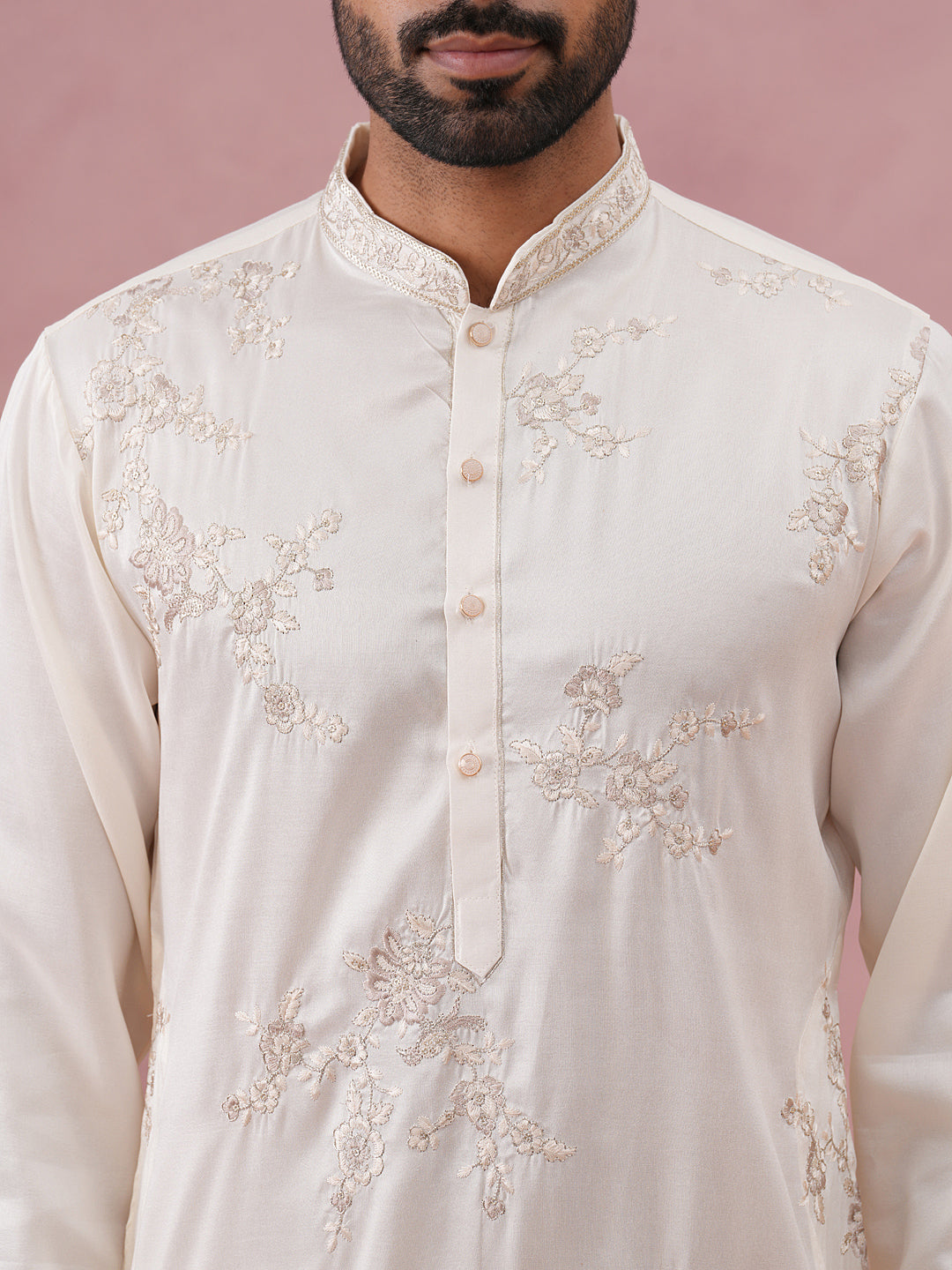 Men’s Silk Blend Embroidered Kurta Pyjama Set (65KP P 5391 White ) [FF] [B-1-1-2]
