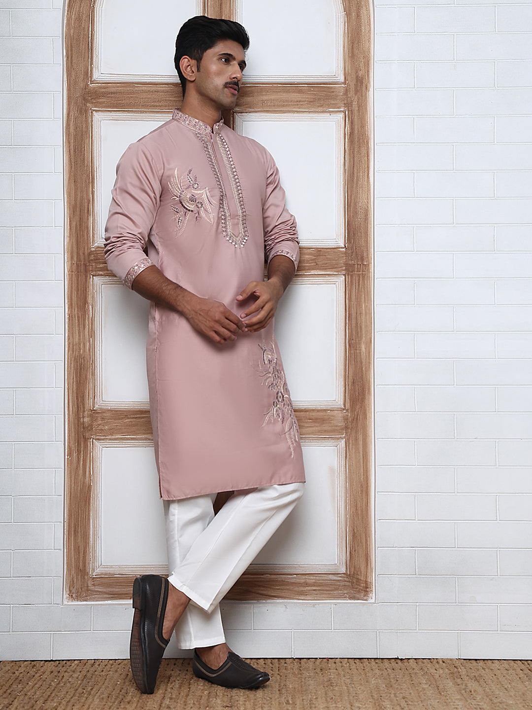 Men’s Silk Blend Embroidered Kurta Pyjama Set ( 65KP P 5392 P 5392Peach )