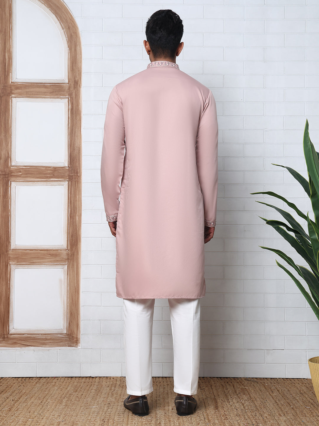 Men’s Silk Blend Embroidered Kurta Pyjama Set ( 65KP P 5392 P 5392Peach )