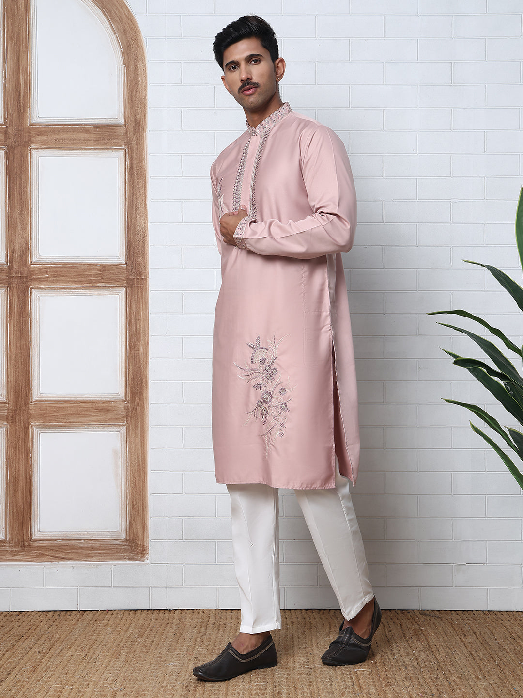 Men’s Silk Blend Embroidered Kurta Pyjama Set ( 65KP P 5392 P 5392Peach )