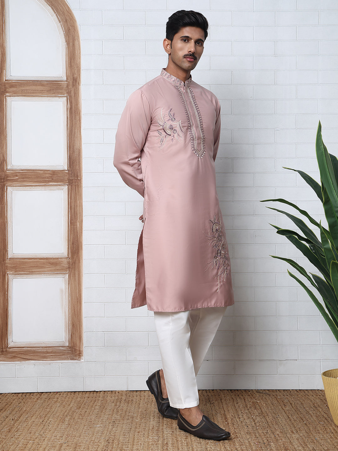 Men’s Silk Blend Embroidered Kurta Pyjama Set ( 65KP P 5392 P 5392Peach )
