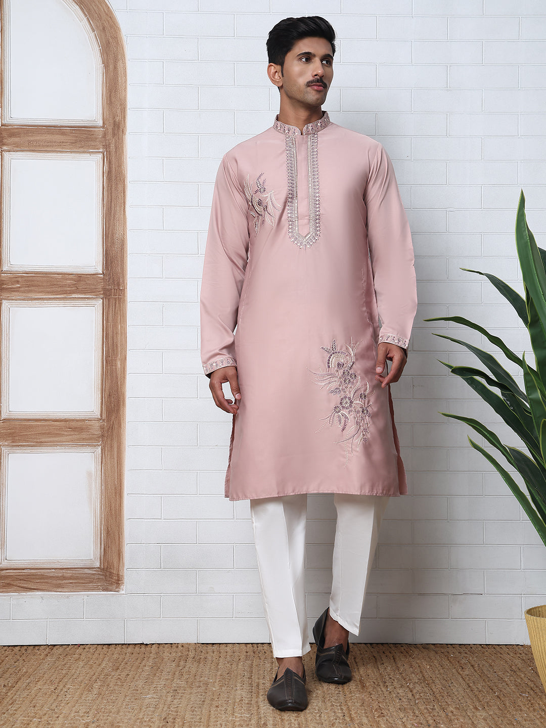 Men’s Silk Blend Embroidered Kurta Pyjama Set ( 65KP P 5392 P 5392Peach )