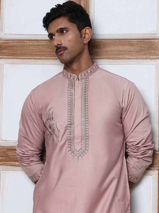 Men’s Silk Blend Embroidered Kurta Pyjama Set ( 65KP P 5392 P 5392Peach )