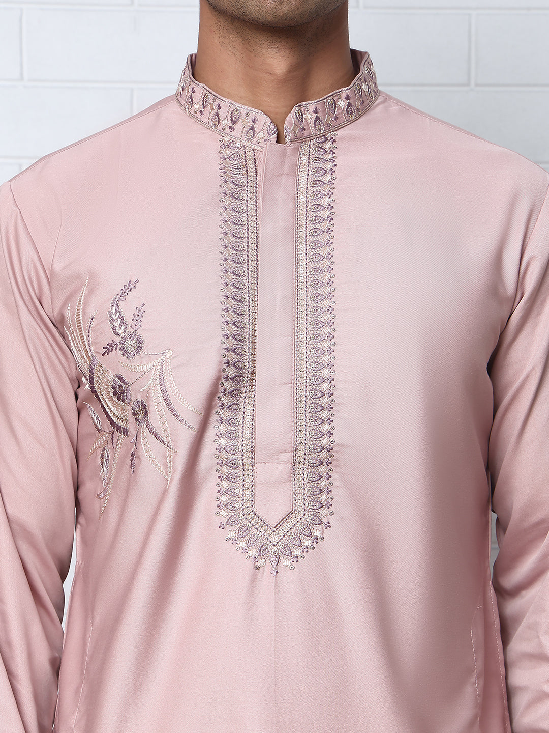 Men’s Silk Blend Embroidered Kurta Pyjama Set ( 65KP P 5392 P 5392Peach )