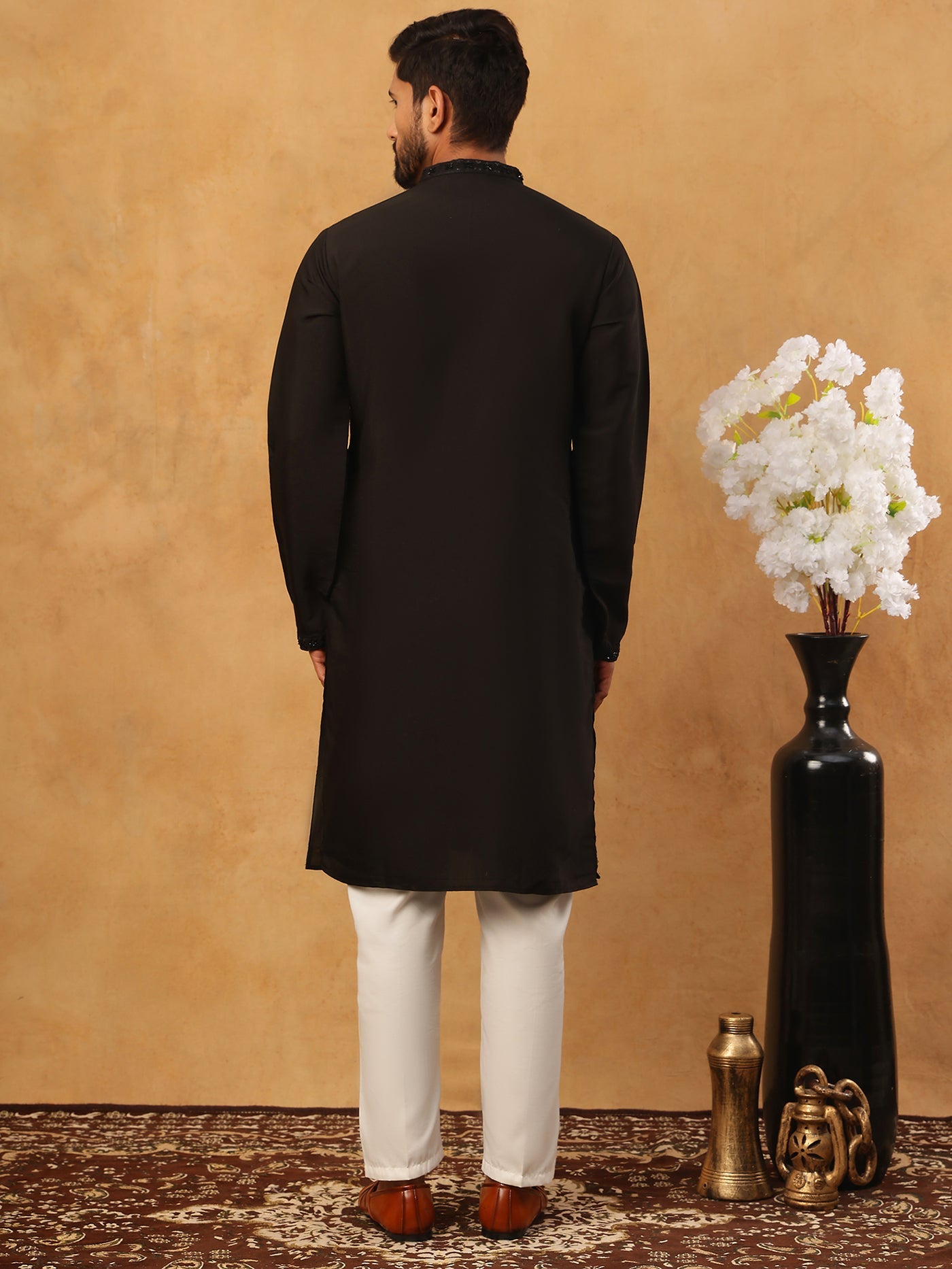 Silk Blend Embroidered Kurta Pyjama Set for Men (65KP 5399 Black ) [FF] [B-1-2]
