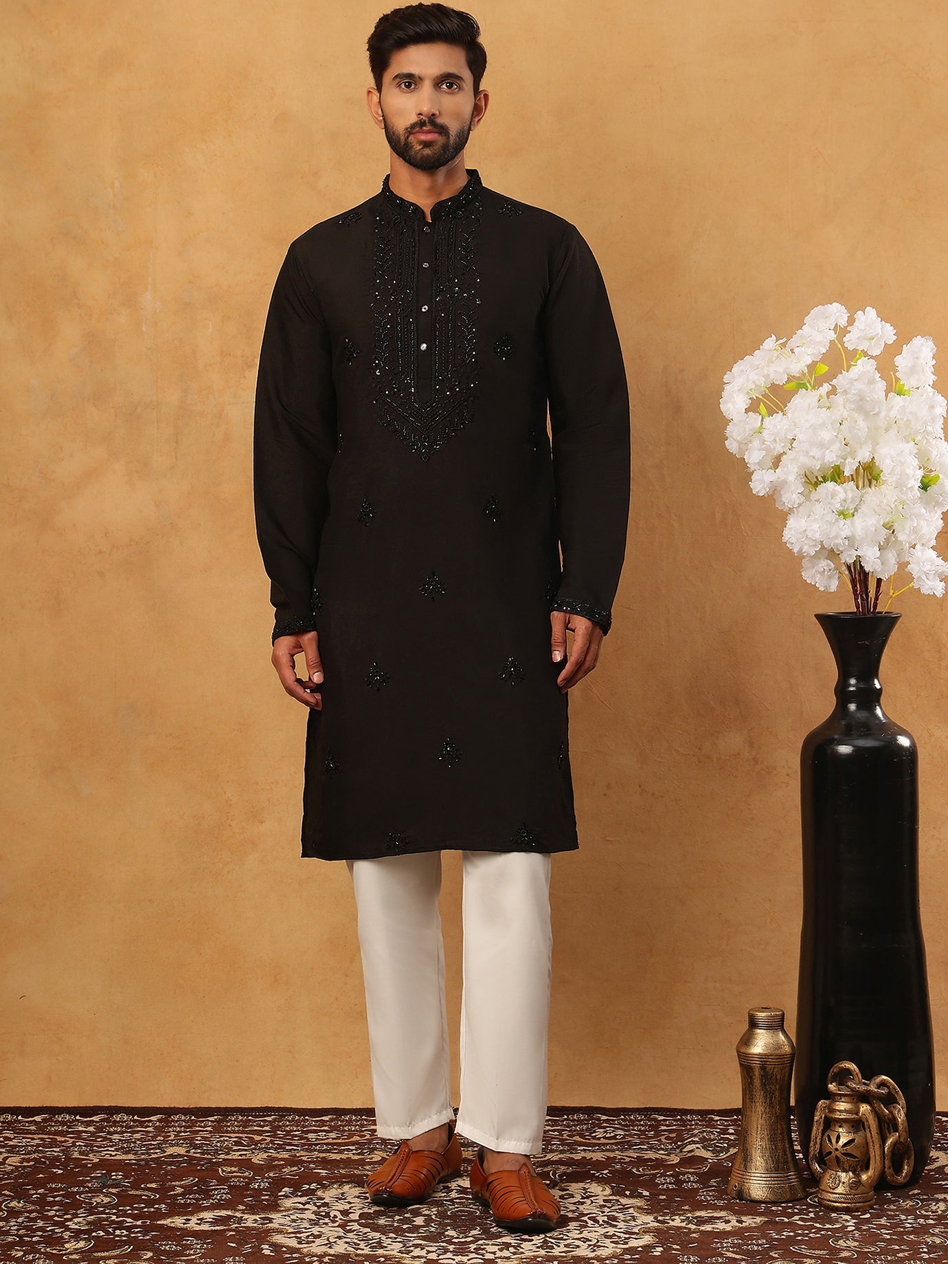 Silk Blend Embroidered Kurta Pyjama Set for Men (65KP 5399 Black ) [FF] [B-1-2]
