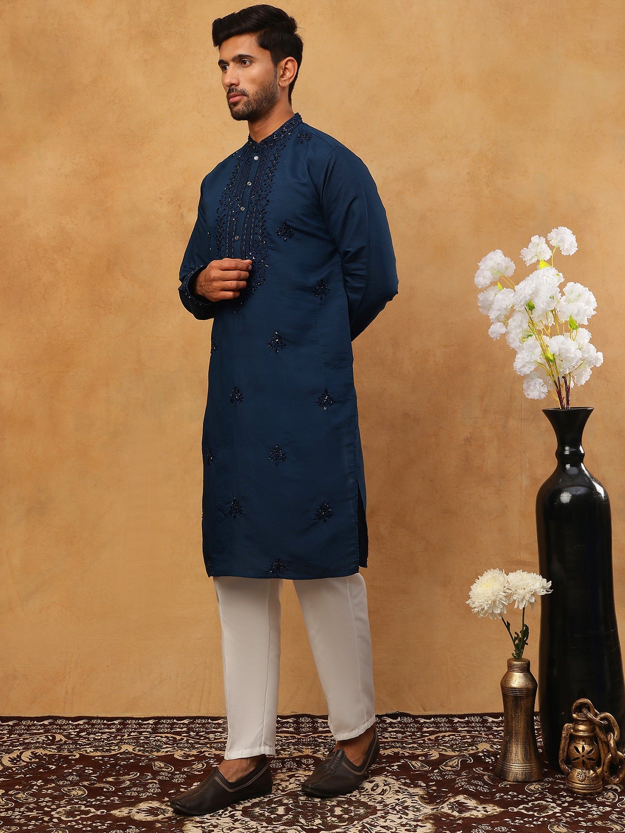 Silk Blend Embroidered Kurta Pyjama Set for Men (65KP 5399 Royal ) [FF] [B-1-2]