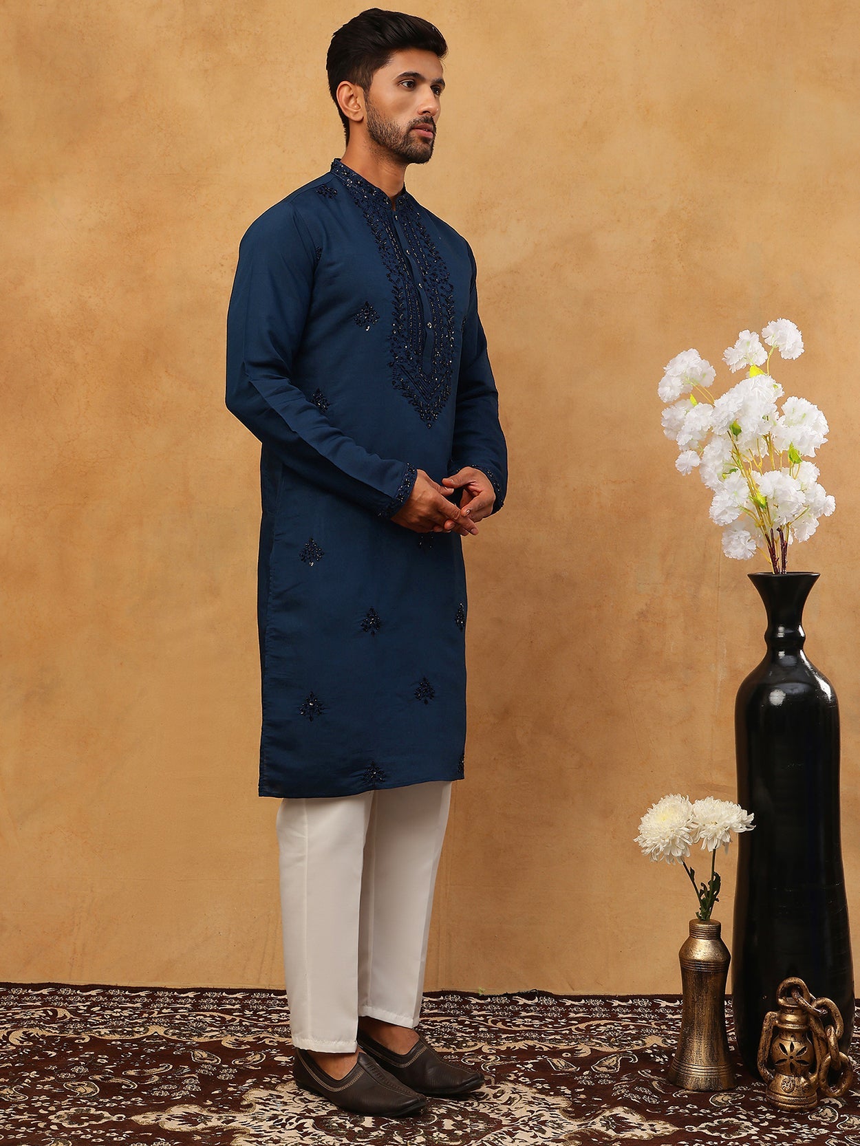 Silk Blend Embroidered Kurta Pyjama Set for Men (65KP 5399 Royal ) [FF] [B-1-2]