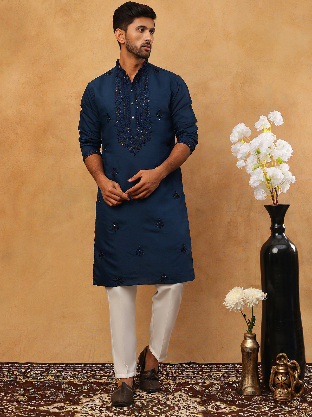 Silk Blend Embroidered Kurta Pyjama Set for Men (65KP 5399 Royal ) [FF] [B-1-2]