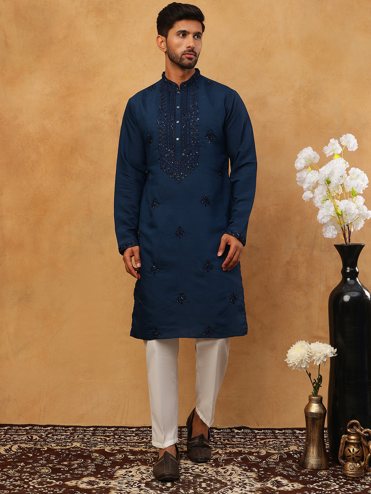 Silk Blend Embroidered Kurta Pyjama Set for Men (65KP 5399 Royal ) [FF] [B-1-2]