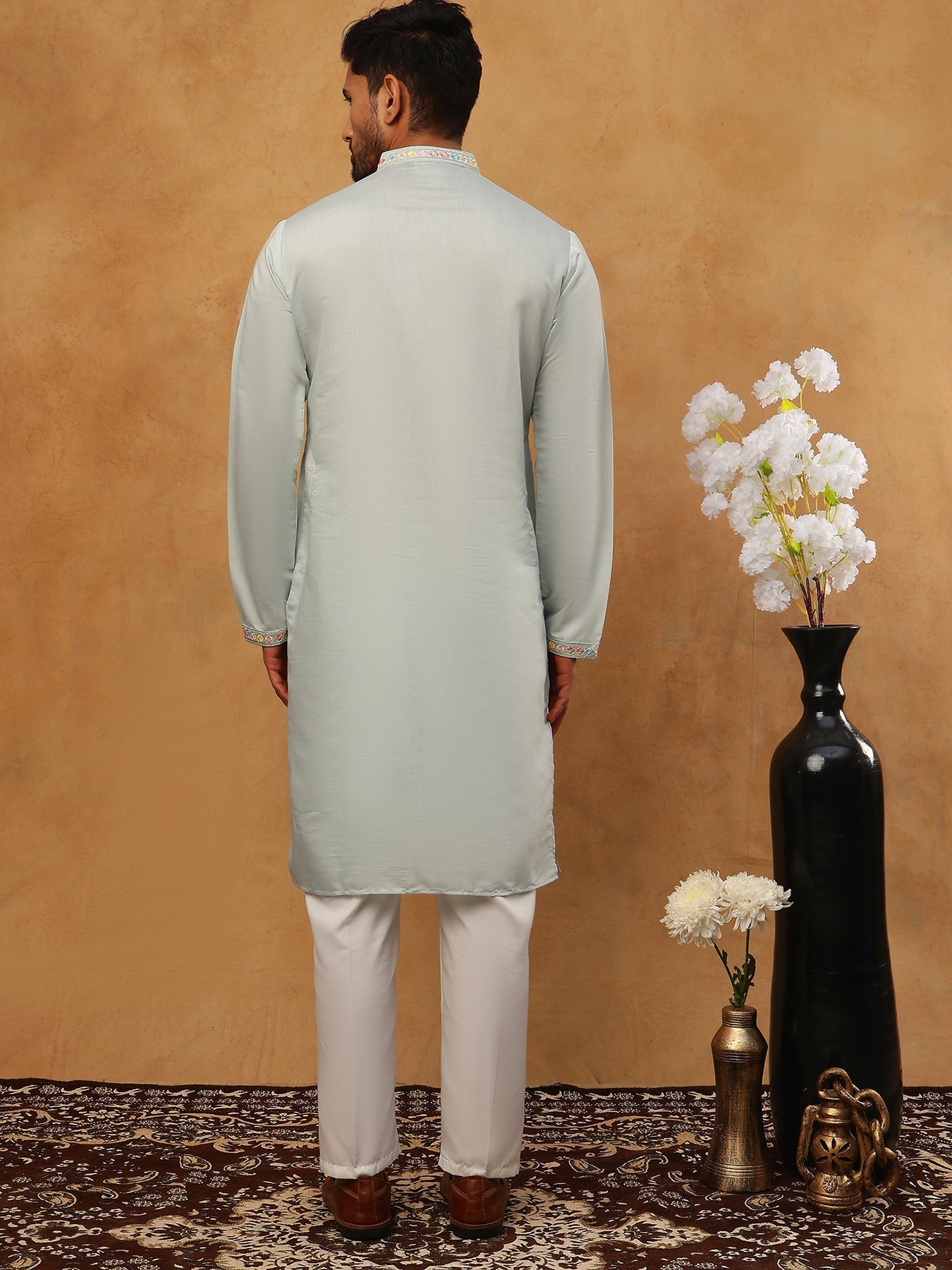 Silk Blend Embroidered Kurta Pyjama (65KP 5400 Blue ) [FF] [B-1-2]