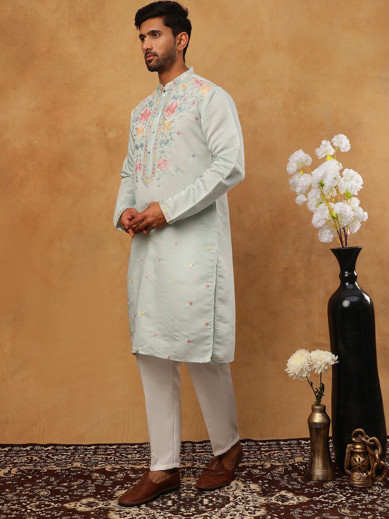 Silk Blend Embroidered Kurta Pyjama (65KP 5400 Blue ) [FF] [B-1-2]