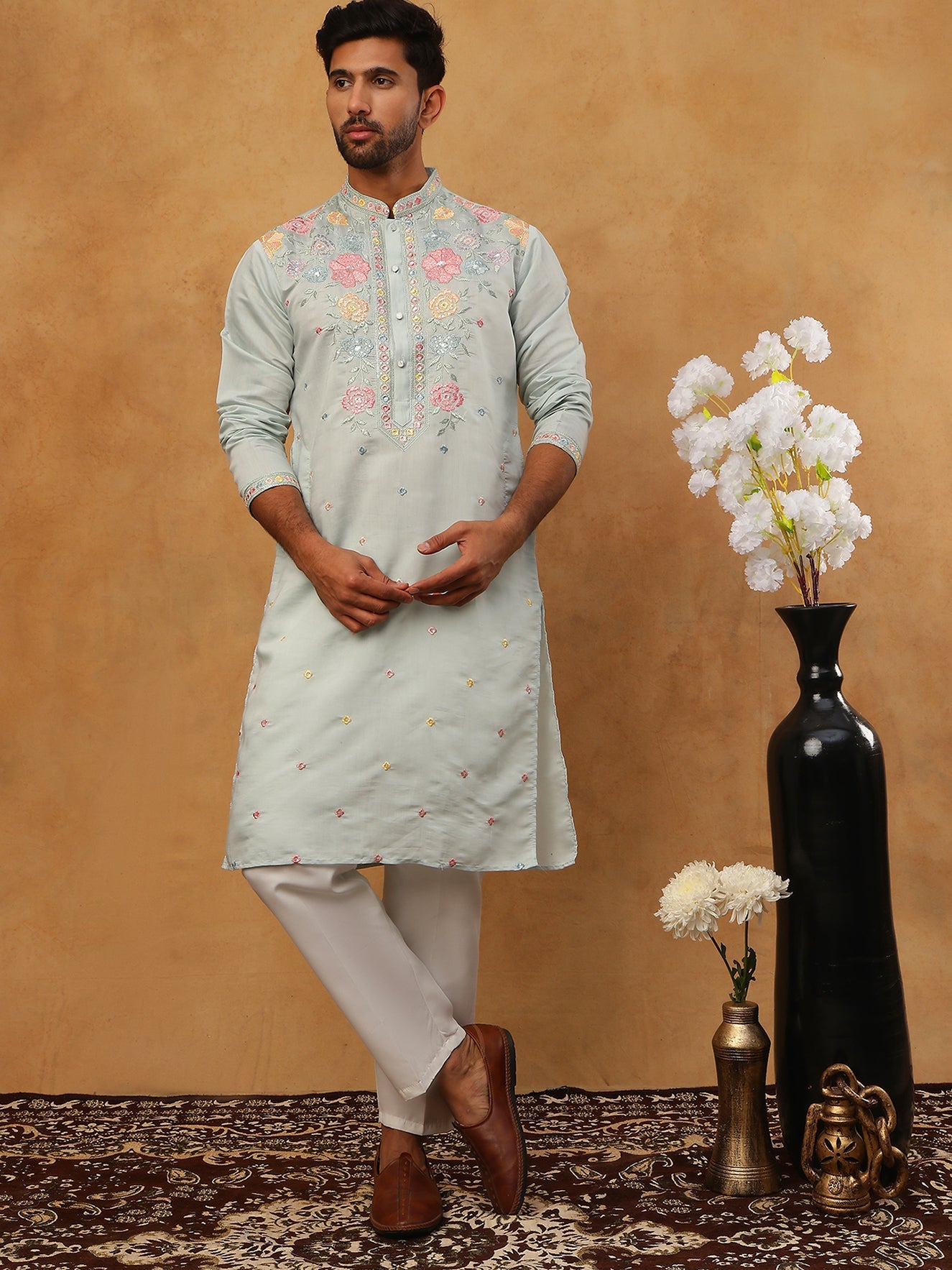 Silk Blend Embroidered Kurta Pyjama (65KP 5400 Blue ) [FF] [B-1-2]