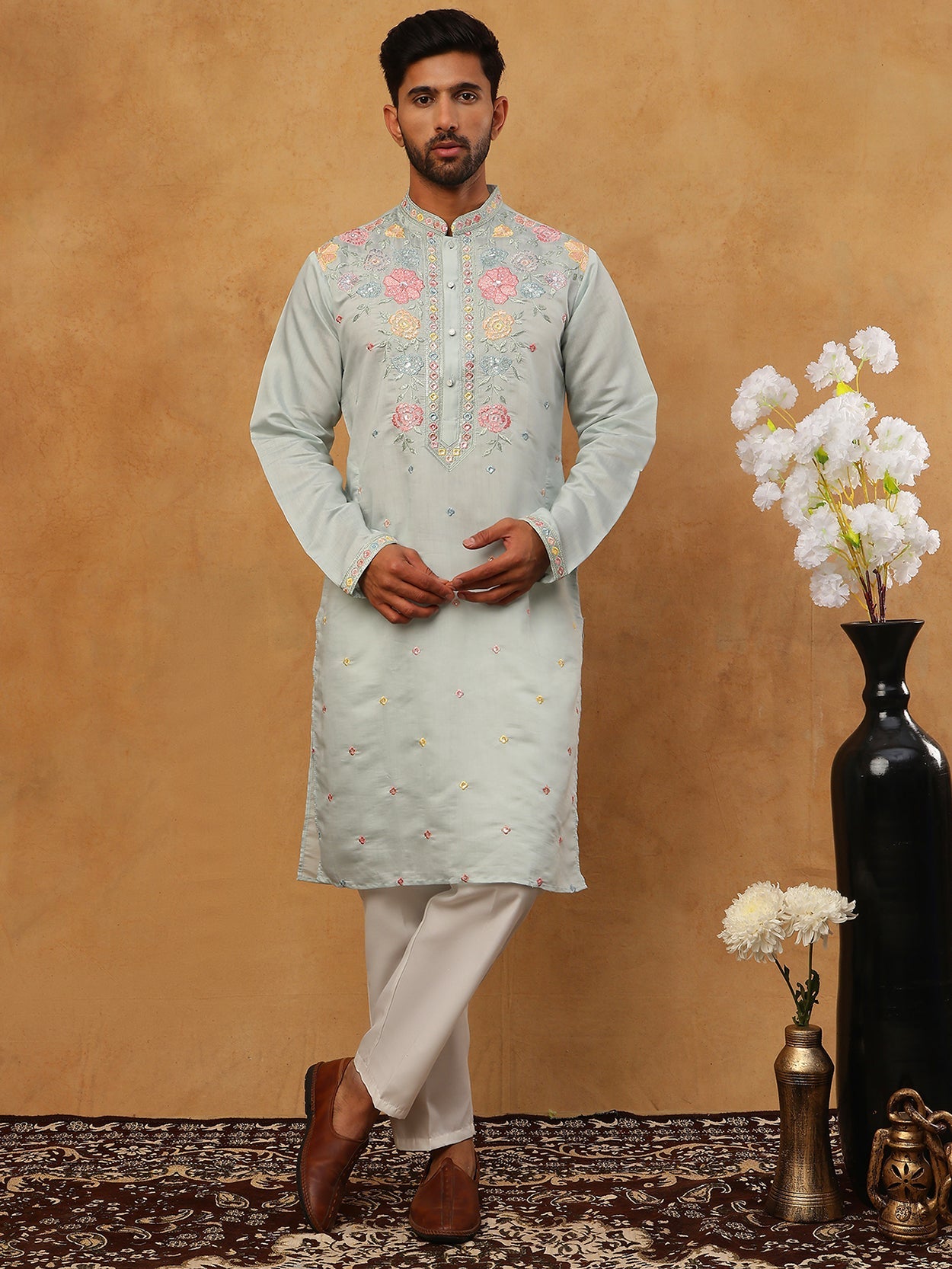 Silk Blend Embroidered Kurta Pyjama (65KP 5400 Blue ) [FF] [B-1-2]