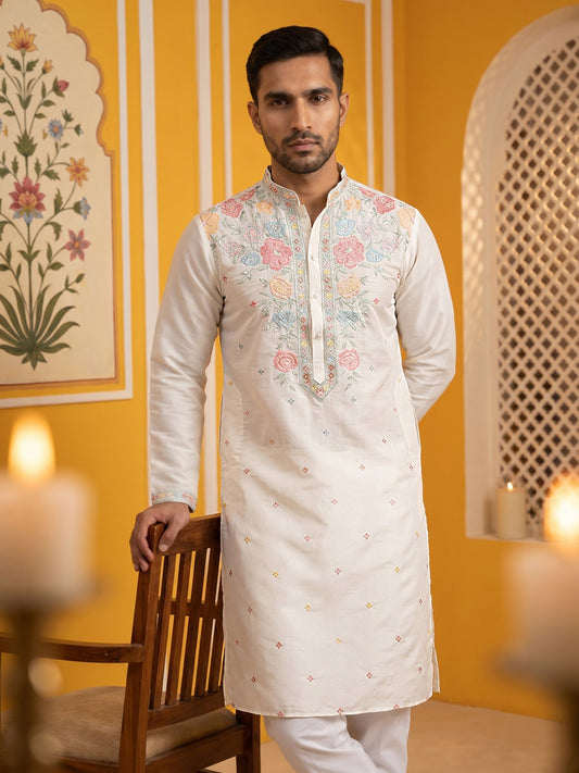 Silk Blend Embroidered Kurta Pyjama ( 65KP P 5400White )