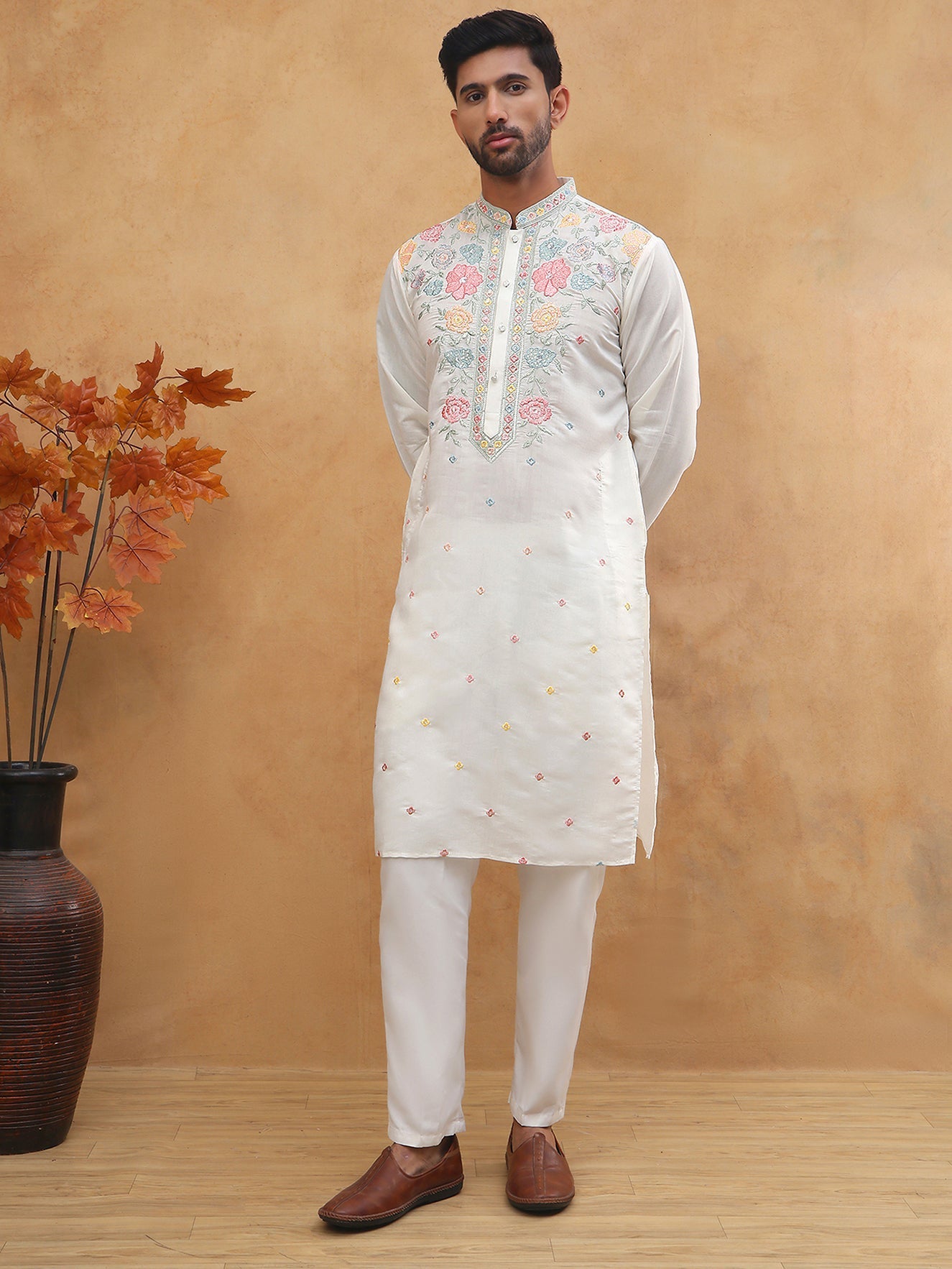 Silk Blend Embroidered Kurta Pyjama (65KP 5400 White ) [FF] [B-1-2]