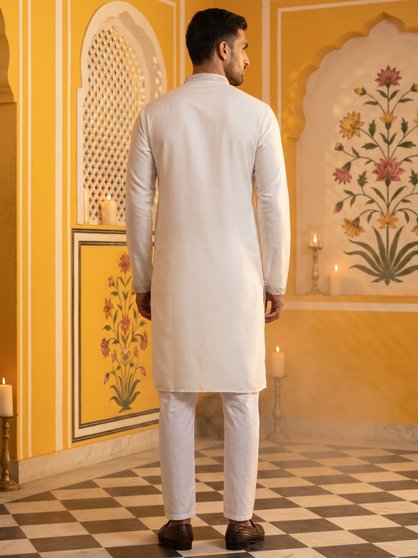 Silk Blend Embroidered Kurta Pyjama ( 65KP P 5400White )