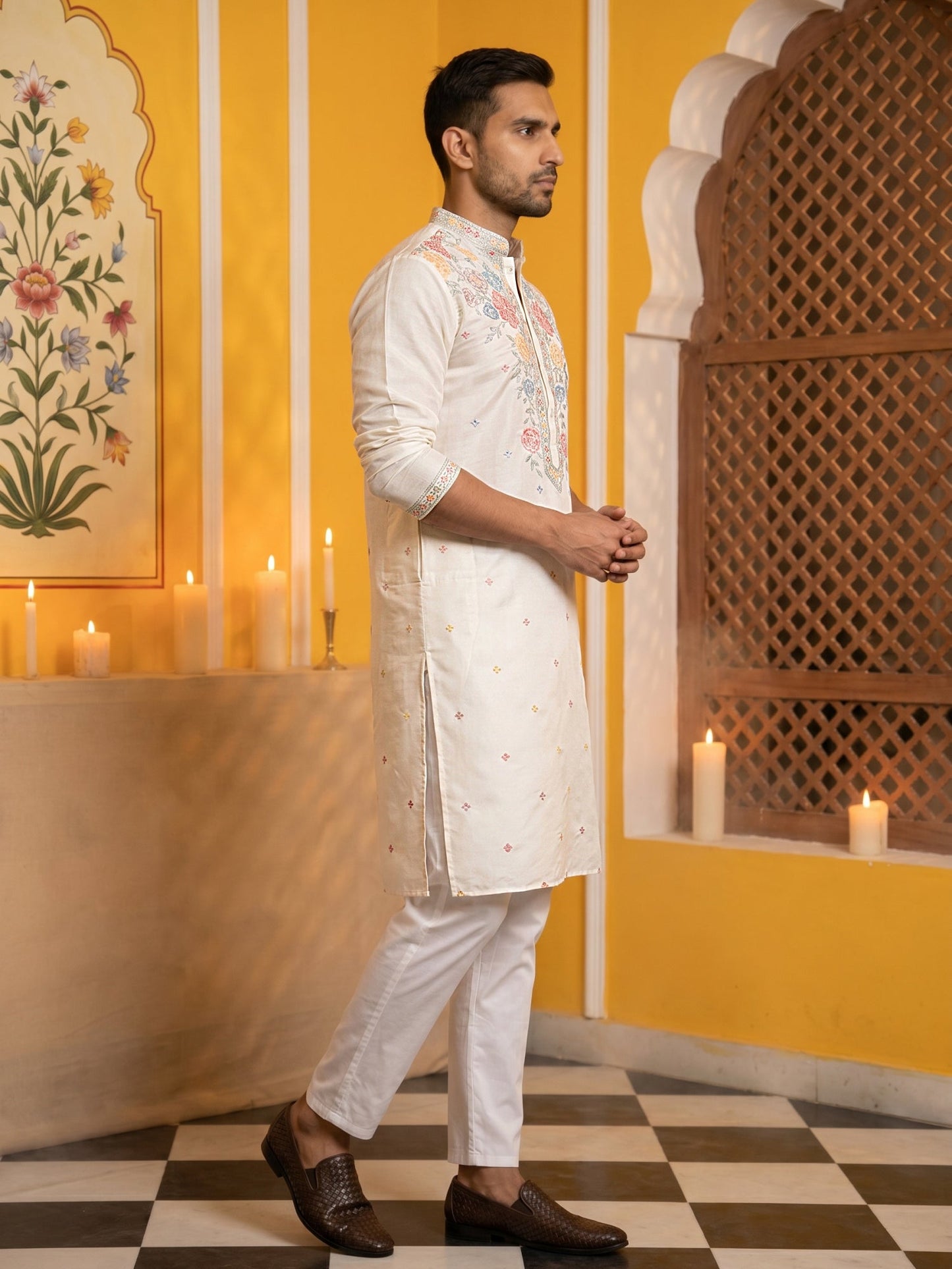 Silk Blend Embroidered Kurta Pyjama ( 65KP P 5400White )
