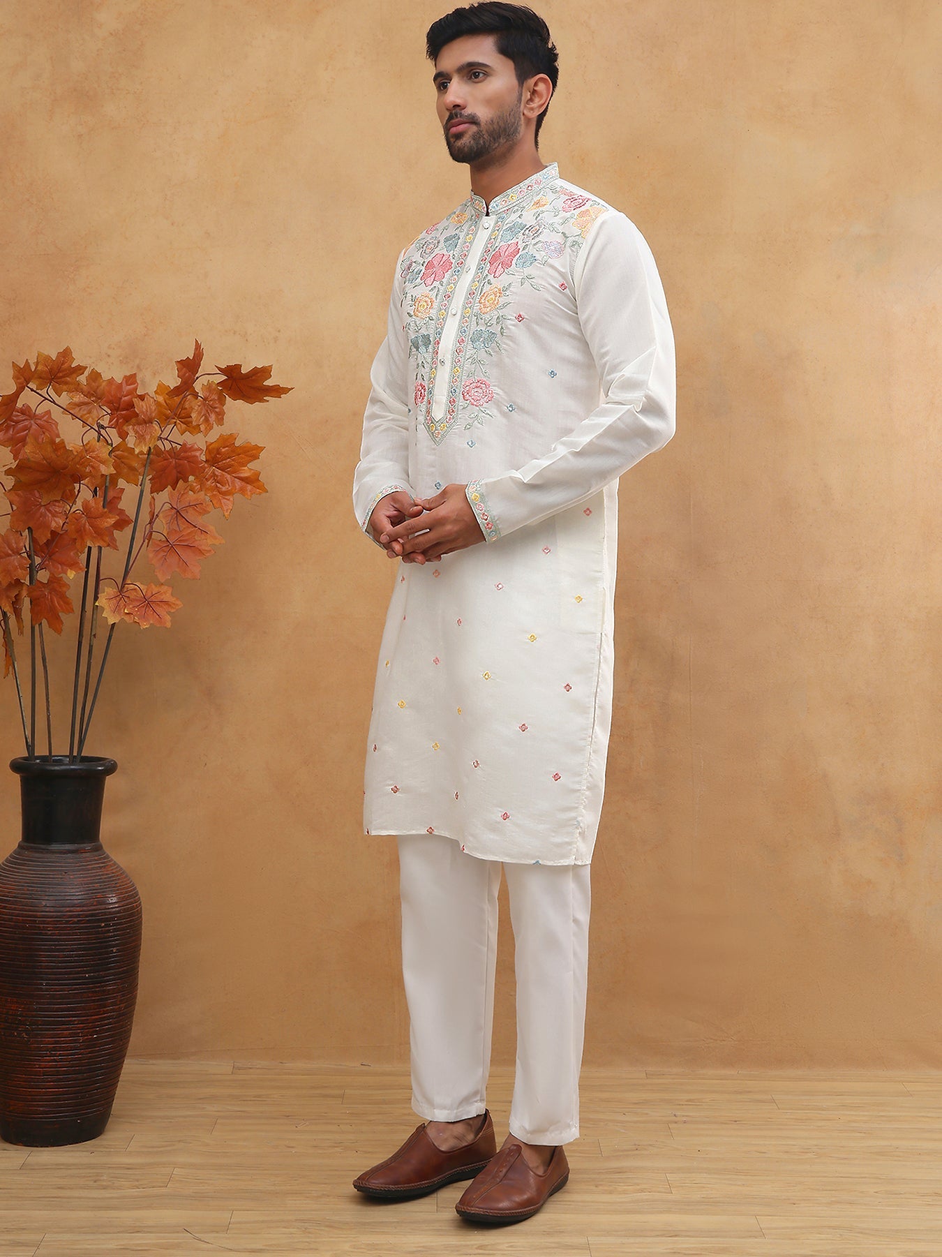 Silk Blend Embroidered Kurta Pyjama (65KP 5400 White ) [FF] [B-1-2]