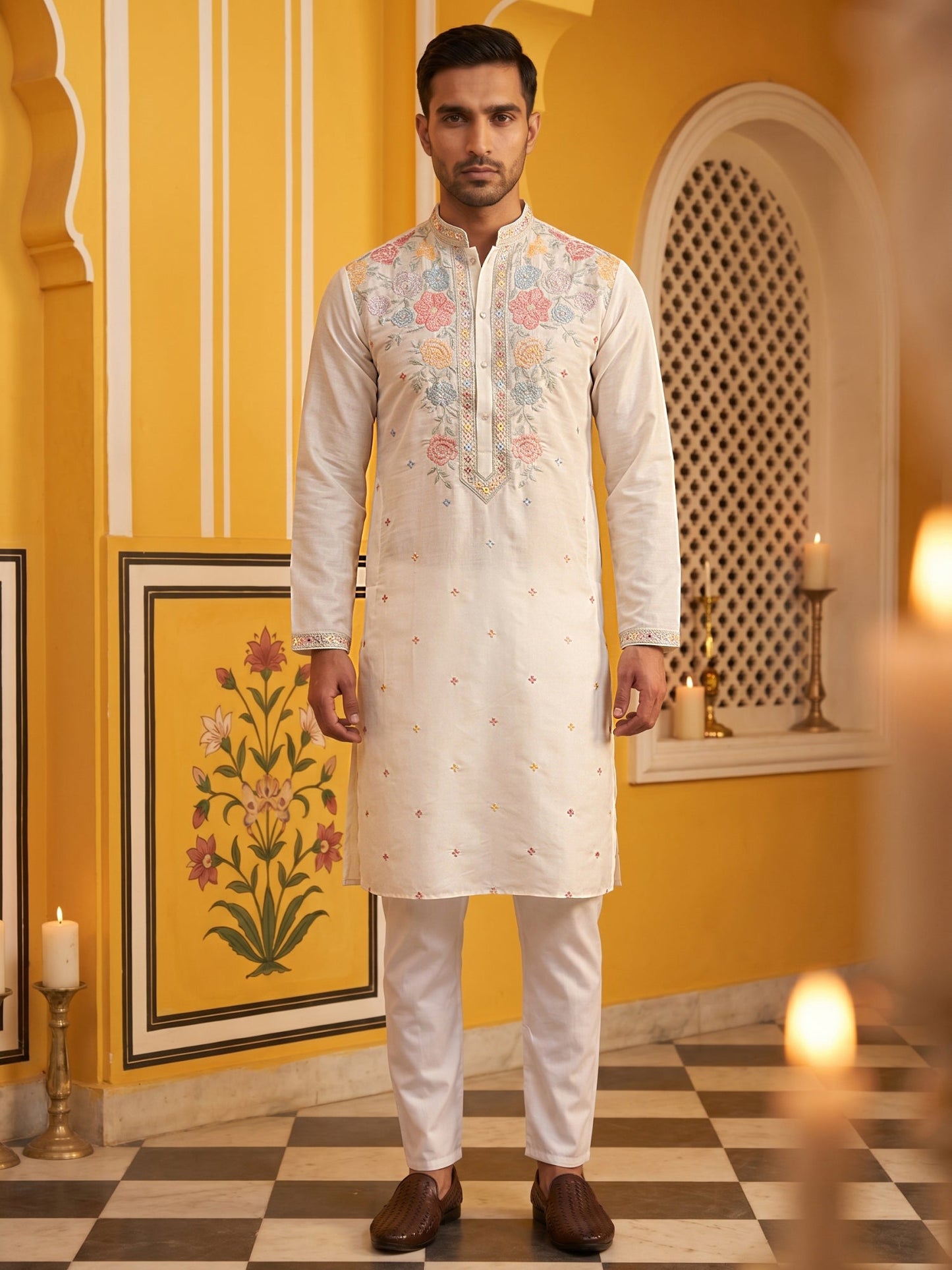 Silk Blend Embroidered Kurta Pyjama ( 65KP P 5400White )