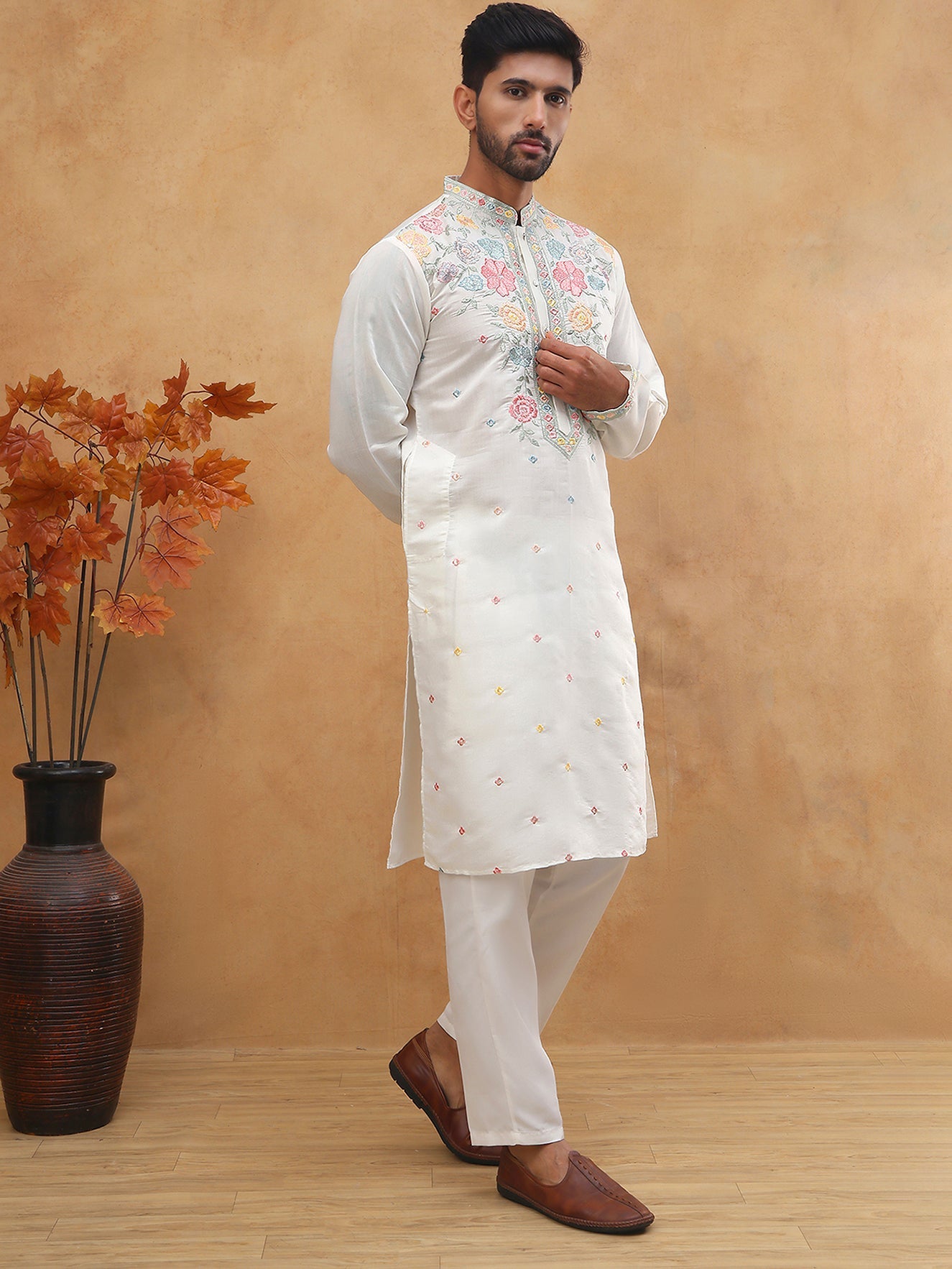 Silk Blend Embroidered Kurta Pyjama (65KP 5400 White ) [FF] [B-1-2]