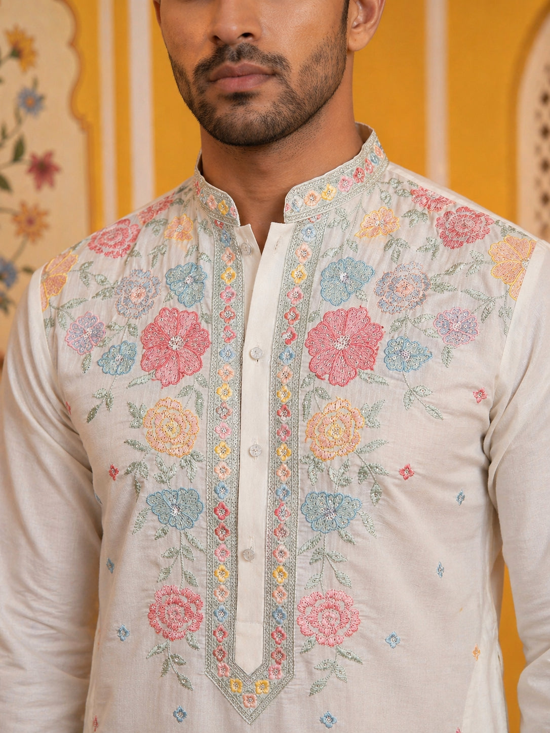 Silk Blend Embroidered Kurta Pyjama ( 65KP P 5400White )
