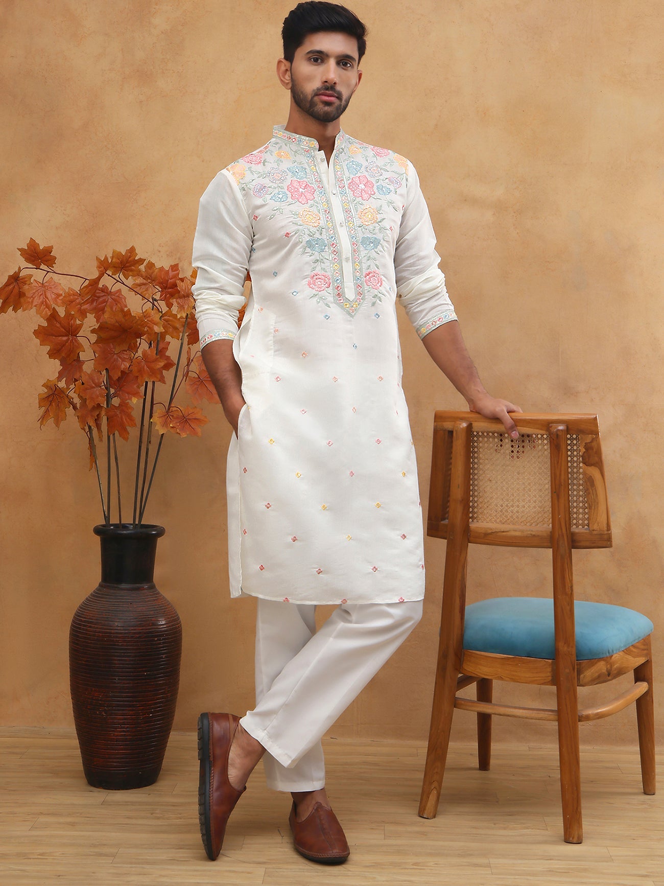 Silk Blend Embroidered Kurta Pyjama (65KP 5400 White ) [FF] [B-1-2]