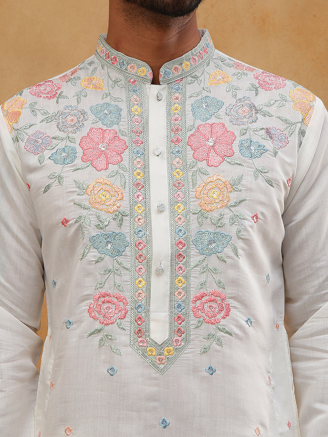 Silk Blend Embroidered Kurta Pyjama (65KP 5400 White ) [FF] [B-1-2]