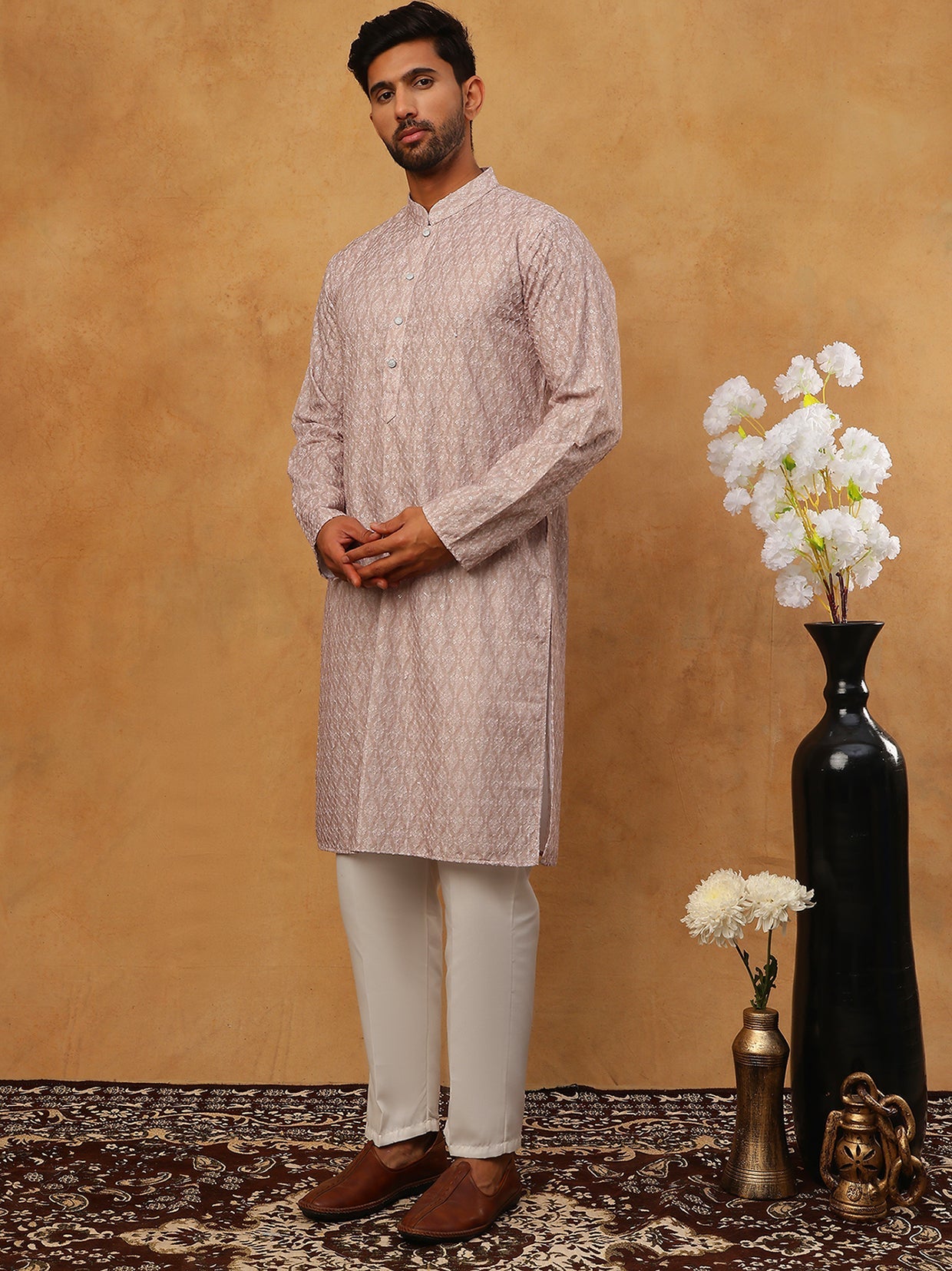 Cotton Blend Printed & Embroidered Kurta Pyjama (65KP 5402 Beige ) [FF] [Q-12-13]