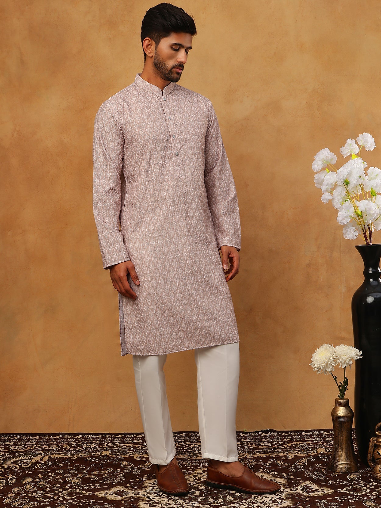 Cotton Blend Printed & Embroidered Kurta Pyjama (65KP 5402 Beige ) [FF] [Q-12-13]