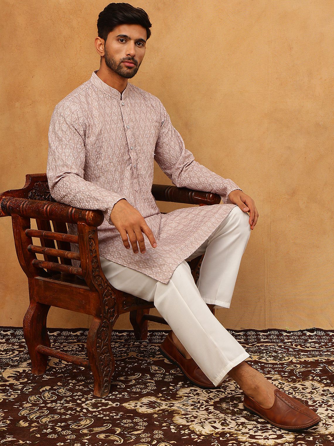 Cotton Blend Printed & Embroidered Kurta Pyjama (65KP 5402 Beige ) [FF] [Q-12-13]